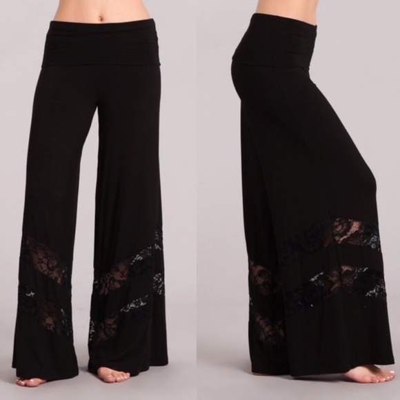 BellanBlue Pants - 016 Boho Black Wide Leg Palazzo Lace Detail Lounge Pants